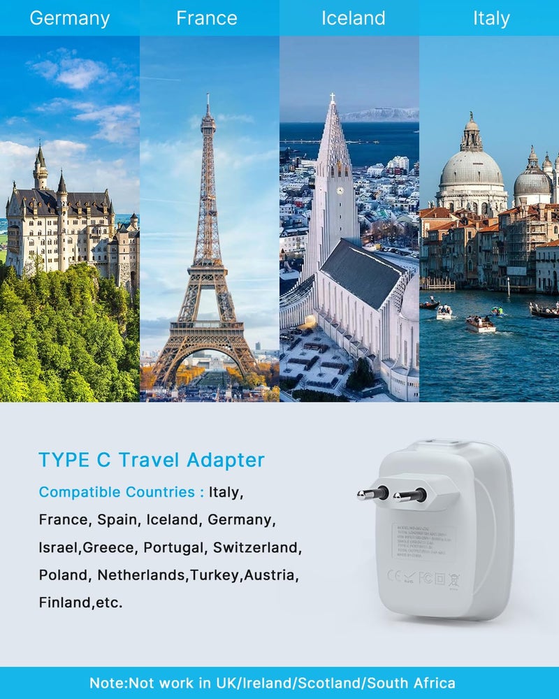 VINTAR محول سفر أوروبي 2 حزمة، محول طاقة دولي VINTAR مع 1 USB C، 2 مخرج أمريكي و 3 منافذ USB، 6 في 1 أساسيات السفر لمعظم أوروبا اليونان، إيطاليا (النوع C) - Image 2